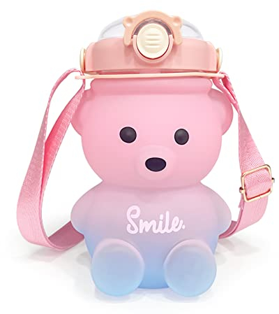 UPZAI Botella Niños Oso Kawaii: 1 Litro Botellas de Agua con Pajita y Correa - Cantimplora Niño Plástico sin BPA - Botella de Agua Antifugas para Escuela Deporte Acampar (Rosado-azul)