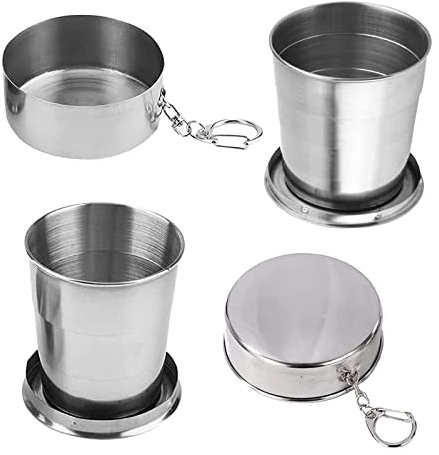 2 Stück Edelstahl Faltbecher Tragbar Edelstahl Teleskop Becher Tragbarer Outdoor Reise Camping Faltbare Tasse Klappbecher mit Schlüsselbund für Wandern, 250ml
