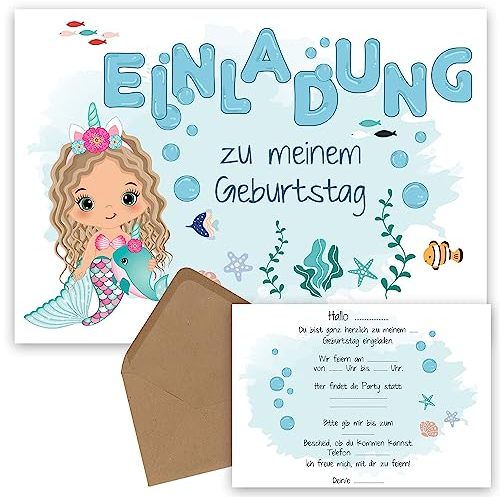 OWLBOOK Einladung Meerjungfrau 10 Einladungskarten Kindergeburtstag Mädchen Meerjungfrau Einladungskarten Geburtstagseinladungen Mädchen Einladung zum Geburtstag zum Ausfüllen mit Umschläge