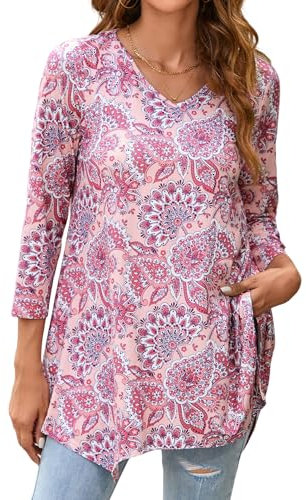 Enmain Tunique Femme Longue Grande Taille Col V Chemisier à Manches 3/4 Chic et élégant Tuniques à Motifs Haut Ample pour Femmes,Rose,XL