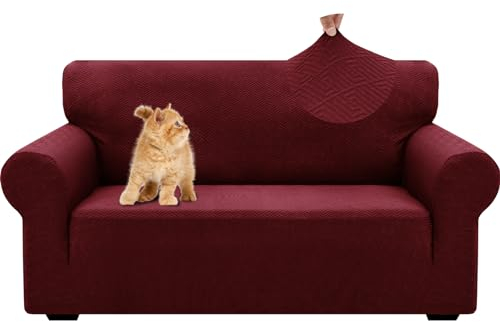 YSTELLAA Stretch Sofa Überzug 2 Sitzer, Sofaschoner rutschfest Mit Armlehne, Dicke Sofabezug Für Hunde Katzen Und Haustiere, Universal Jacquard Sofabezug, Waschbare Sofa Cover, Rot
