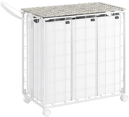 SONGMICS Wäschekorb 3 Fächer, 130 L, faltbarer Wäschesammler mit Rollen, Wäschebox, Wäschewagen mit Deckel, Wäschesack herausnehmbar, 66 x 33 x 65 cm, wolkenweiß LCB313W01
