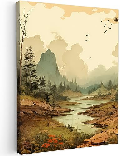 MuchoWow© Impression sur Toile Peinture 60x80 cm Tableau Mural Decoration Salon Reproductions de Tableaux Murale Moderne Vintage - Eau - Arbres - Nature - Montagnes