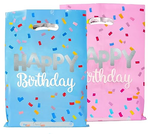 GEBETTER 30Pcs Bolsas Cumpleaños Infantil, Bolsas Chuches Cumpleaños, Bolsas Regalo Bolsitas Plástico Dulces Golosinas Detalles Recuerdos Fiestas Niños Invitados Amigos 25x16cm (Azul Rosa Plata)