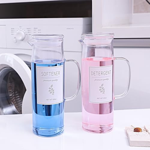 KitHero Flüssigwaschmittel-Spender Set mit Etiketten und Griff – 2er Pack 50 oz (ca. 1,48 l) Glasbehälter für Waschraum-Organisation & Aufbewahrung – Landhausstil Dekor