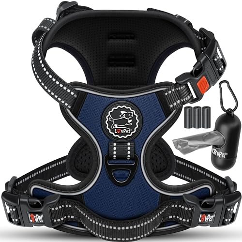LOVPET® Hundegeschirr ohne Zug & Würgen für kleine Hunde & Welpen atmungsaktiv & weich Brustgeschirr reflektierend | No-Pull-Geschirr inkl.Beutelrollen | Verstellbares Geschirr mit Griff Navyblau - L