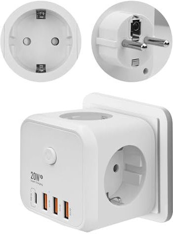 4000W Multiprise Murale USB 7-en-1 avec Ports de Recharge Rapide USB PD 20W, Adaptateur Secteur Compact avec Interrupteur et Alimentation Indicateur, 3 Sorties AC 4000W, 1 Type C et 3 Ports USB