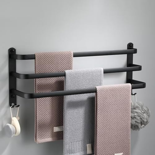 nvdsivee Handtuchhalter Ohne Bohren Schwarz Handtuchstange Wand zum Kleben für Bad Küche Badetuchhalter Aluminium mit 2 Haken Handtuchablage Schwarz 3 Schichten 60cm