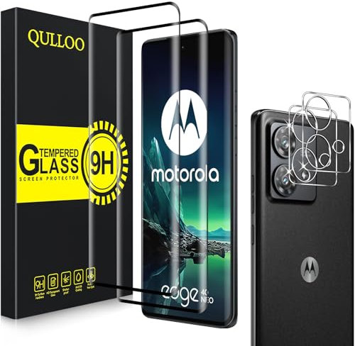 QULLOO Protector de Pantalla para Motorola Moto Edge 40 Neo 5G [2 Piezas] + Protector de Lente de Cámara [2 Piezas], 9H HD Alta Sensibilidad Cristal Templado para Motorola Moto Edge 40 Neo