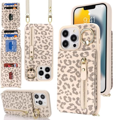 ZOUZT for iPhone 13 Pro Max Case with Card Holder and Strap, iPhone 12 Pro Max Wallet Case with 7 Card Slot PU Leather Zipper Crossbody Lanyard with Adjustable Necklace Ring Cover 6.7 - Beige Leopard