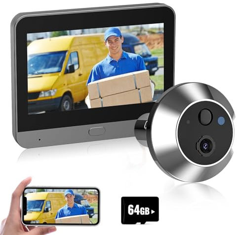 Visiophone sans Fil,WiFi 1080P Judas de Porte Camera Surveillance avec 4.3 Pouces écran d'affichage,Détection Humaine,Audio Bidirectionnel,La Fonction de Vision Nocturne+ 64G carte mémoire (A)