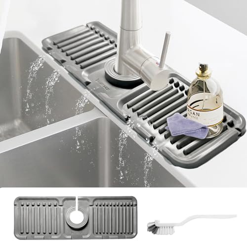 Daily Treasures Silicone Faucet Splash Guard with Brush, 5° Large Slope Sink Splash Guard, (13x4.7) Sink Splash Guard Mat Kitchen Sink Splash Guard for Bashroom Kitchen Sink (Grew)