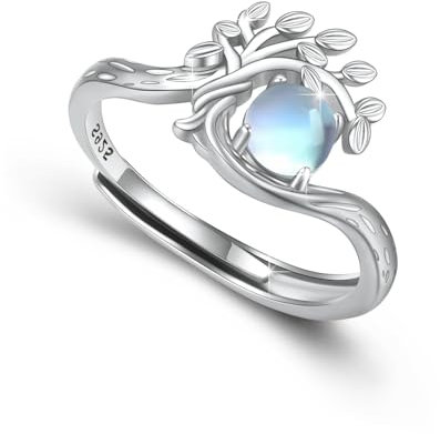 ABIGY Anello a forma di albero della vita, in argento Sterling 925, con pietra di luna, anello regolabile, Argento sterling, Pietra di luna