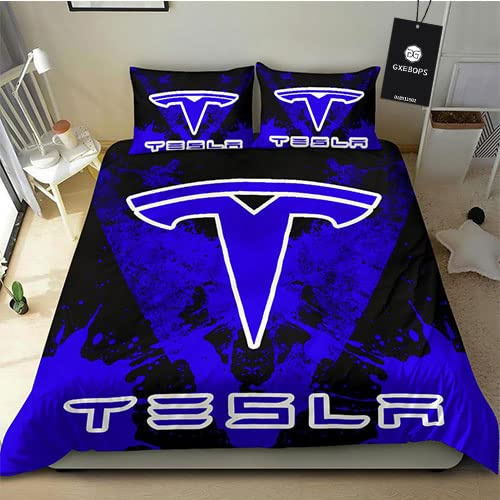 HYFZXWX Dreiteiliges weiches und atmungsaktives Bettlaken-Bettbezug-Set Te-sla 3D-gedruckte Mikrofaserbettwäsche + 2 Kissenbezüge Kurze Hose/B/135x200cm