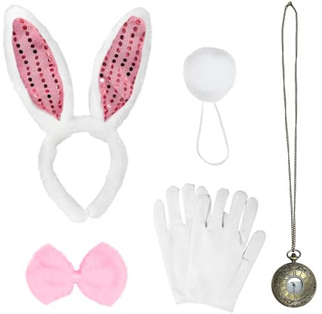 UILYNIU 5 Pièces Brillant Rose Accessoires de Costume de Lapin Enfants Adultes Oreilles de Lapin Nœud Papillon Gants Blancs Queue de Lapin Horloge Deguisement Lapin pour Pâques Fête Halloween (Rose)
