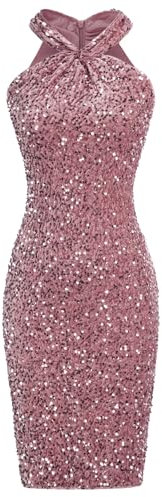 Damen Glitzer Kleid Knielang Ärmellos Bodycon Cocktailkleid Pailletten Kleid Festlich Partykleid Schwarzes Grau rosa XL