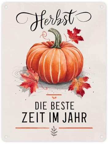 Herbst, die Beste Zeit Metallschild in 15x20 cm mit Kürbismotiv Perfekt für den Herbst Illustration in Rottönen und Orange mit Kürbis und Herbstblättern in eleganter