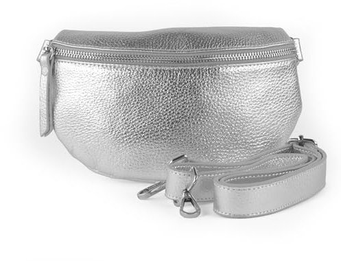 lePelou Leder Bauchtasche in metallic für Damen, Festival Tasche, Frauen Bauchtasche mit breitem Schultergurt, Kleine Umhängetasche, Crossbody Tasche, Geschenk für Damen (Silber, M)
