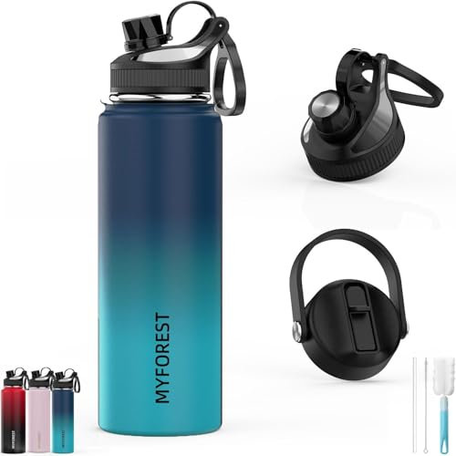 MYFOREST Insulated Sip/Gulp 2 Lids Water Bottle, with Removable Straw/100% Dishwasher-Safe/Leak-Proof/BPA-Free/Top Handle/Carbonated Drinks/Cold & Hot (1l Navy-Teal, 1000 ml)