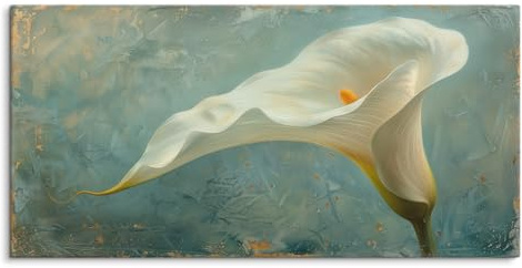 Paul Sinus 120x60cm Wandbild – Stilvolle Calla-Blüte in weiß mit grau-blauem Hintergrund für eine zeitlose und beruhigende Wohnatmosphäre