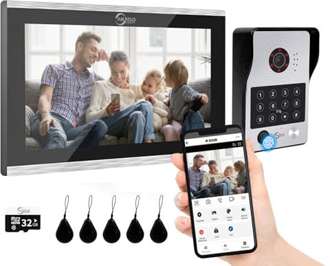 Videoportero con cable Sistema de intercomunicación de apartamentos,Monitor táctil de 10 pulgadas,Cámara HD 1080P Timbre,Huella dactilar,Tarjeta RFID,Desbloqueo por contrase (1 Timbre+1 Monitor)