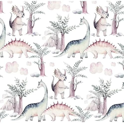 Kindertapete in Dinosaurier, Aquarell Muster, Pastell Farben, Motiv Waldgrün