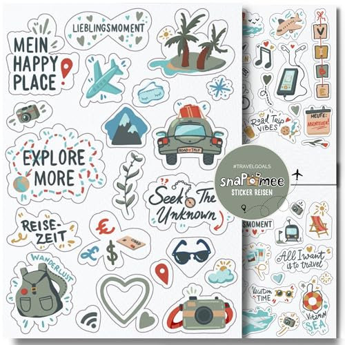 Sticker Reisen by snaPmee - Aufkleber für Reisetagebuch, Fotoalbum & Geschenke - Reisesticker für Erwachsene & Kinder - Set mit 133 Motiven auf 8 Bögen DIN-A5