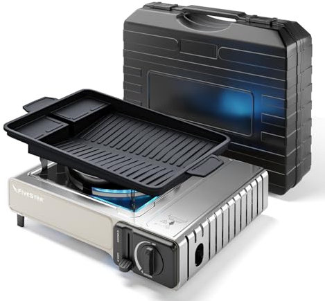 Gaskocher 1-flammig, Campingkocher für Gaskartuschen 227g, Gasherd mit Piezozündung und Tragekoffer, Gaskocher für Outdoor und Camping, Portable Gas Stove, 2,2 kW Leistung, mit Grillplatte 38 cm