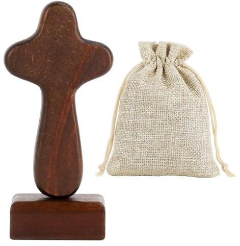 Prmape Holzkreuz, Kreuz Mit Standfuß, Tischkreuz Stehend mit Beutel (10,4×6×1,5 cm), Kruzifix Geschenk zur Geburt Taufe Kommunion Firmung Heimdekoration