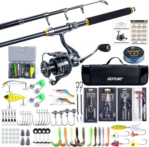 Goture Angelset mit Teleskop-Angelruten (24T Carbon), 1,8m Angelrute Set Komplett 5.2:1 Spinnrolle, 150m/14kg Schnur, Angelwerkzeug-Set, Köderbox & Tragetasche – für Salz-/Süßwasser, Angelgeschenk