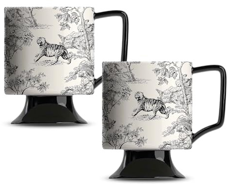 EAZHOP Juego de 2 tazas de café de porcelana premium, taza de café de 400 ml con asa, taza de cerámica vintage con diseño de flores, taza de cerámica con base alta, decoración de restaurante