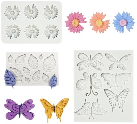 SEABABOO Silikonform Blätter Blumenform, 3 Stück, Schokoladen-Figuren Mini Gänseblümchen Silikonform, Schmetterling Fondantform für Schokolade Süßigkeit Bonbons Kuchen Dekoration Seife, Weiß (Blätter)