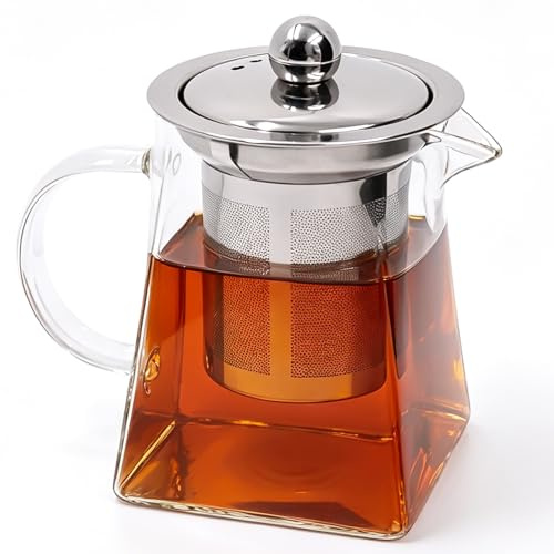 Square Glass Tea Pot with Infuser 350ML, Loose Leaf Teapots with Infuser, Heat-Resistant Borosilicate Glass Teapot with Tea Strainers, Glass Teapots for Blooming Tea,Loose Tea,Flowering Tea