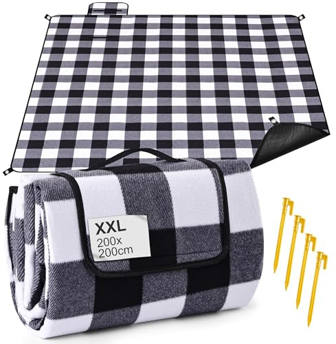 Gucass Picknickdecke Wasserdicht 200 x 200 cm Picknick Decke mit Tragegriff Faltbar Strandmatte Sandfrei Outdoor Picnic Blanket Waschbar, BBQ, Picknick, Wandern, Reisen Campingdecke (Gitter)