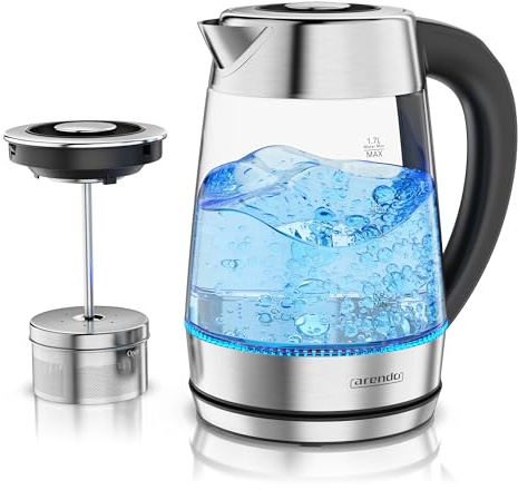 Arendo - Wasserkocher Glas inkl. Teesieb - Teekocher mit Temperatureinstellung – 1,7 Liter – Glas und Edelstahl – 5 Temperaturen – temperaturabhängige LED-Darstellung – Warmhalten bis zu 2 Stunden