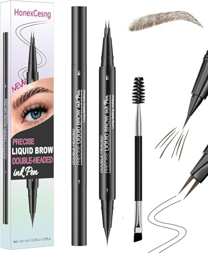 Microblading Eyebrow Pen, 2-in-1 Waterproof Brow Tint, Faux Brow, 2-Fork Tip & Ultra-Fine Point for Hair-Like Strokes, 48H Smudge-Proof, Includes Brow Brush & Comb, Natural Shades
