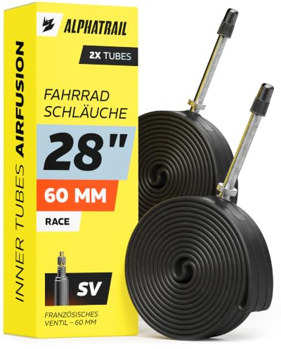 Alphatrail Camara Bicicleta Carretera AirFusion 28 Pulgadas SV 60 mm 2X Set 700x18-28C con Garantia de Movilidad I Cubierta Compatible Schwalbe, Continental, Conti, Michelin, Maxxis y Mavic