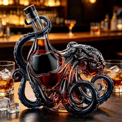 3D Oktopus Flasche 350ml Glas-Dekanter, Passend für Krake Rum & Spirituosen, Krake Deko-Flasche im Nautischen Tiefsee-Design für Hausbar & Tischdeko