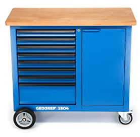 GEDORE Rollwerkbank, Werkzeugbank mit 8 Schubladen und Holzplatte, Werkbank auf Rollen, Stahlblech, leer, 1504 0701