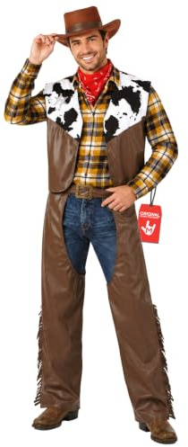 Fun Shack Cowboydräkt för män - Västerninspirerad utklädnad med chaps - Westernfestkläder, En storlek | Läderliknande klockor, kotryck väst med en sheriff-märke ingår, perfekt för Halloween, bra för vuxna maskeraddräkt