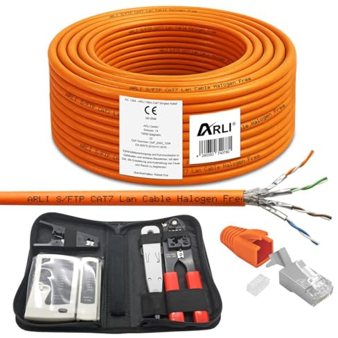 ARLI CAT 7 Verlegekabel 100m Netzwerkkabel CAT.7 + Crimpzange RJ45 Zange + Kabelmesser + 20x Netzwerkstecker Netzwerk Stecker 8 polig Plug LAN Halogenfrei Installationskabel CAT7 Kabel Netzwerk 100 m