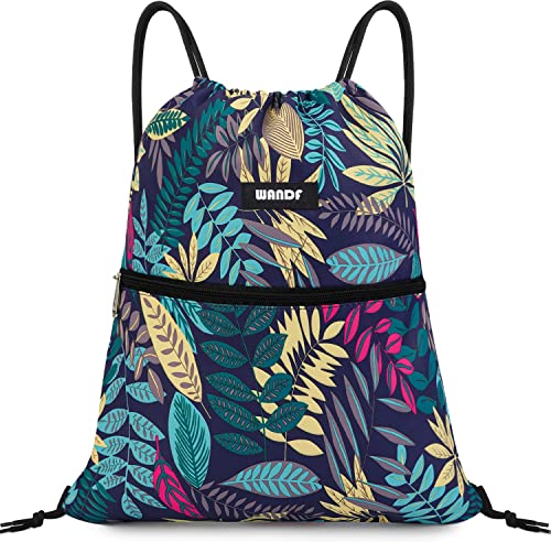WANDF Rucksack mit Kordelzug Turnbeutel Sportbeutel Gym Bag Mit Aussentasche Verstellbar Tunnelzug Gymsack für Damen Herren Kinder mit Innentasche 11 Liter für Sport und Reisen (B - Blaue Blätter)