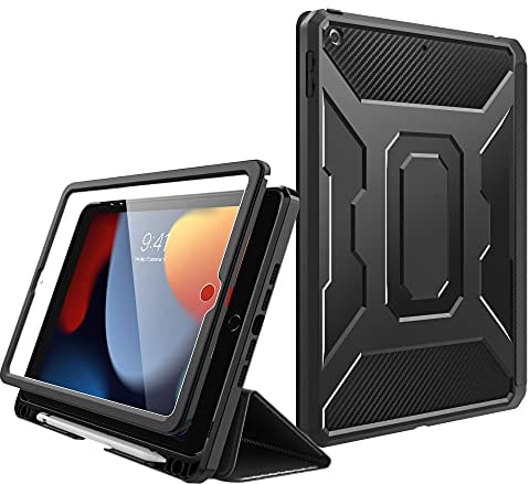 MoKo Hülle Kompatibel mit iPad 9th Gen 2021/ iPad 8th/7th Gen 2020/2019,Fullbody Schutzhülle mit Displayschutz Stifthalterung Auto Schlaf/Aufwach Stoßfest Deckel mit Dreiteilung Smart Case, Schwarz