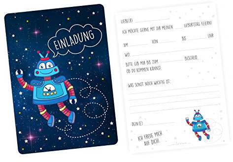 nikima Schönes für Kinder 10 Einladungskarten Roboter mit Silberlack inkl. 10 Briefumschlägen - Kindergeburtstag Junge Weltall Sterne Metallic Sterne Geburtstag Einladung