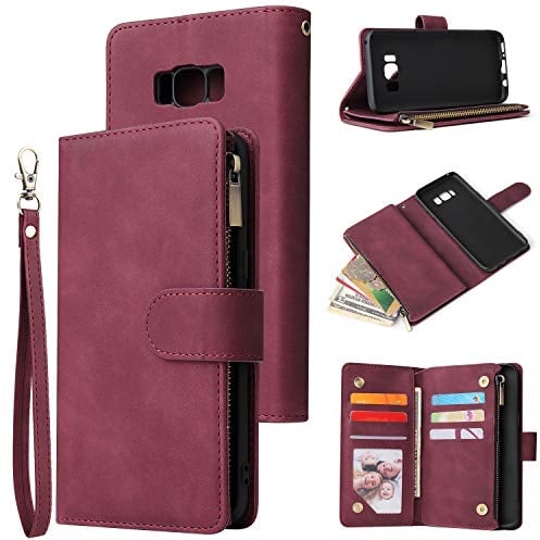 QLTYPRI Case for Samsung Galaxy S8, Large Capacity Leather Wallet Case 6 Card Holder & 1 Zipper Pocket Kickstand Wrist Strap Magnetic Protective Cover for Samsung Galaxy S8 - Red