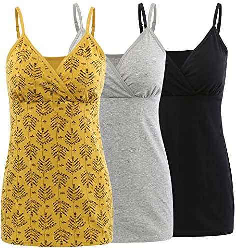 COLOMI Débardeurs d'allaitement pour maternité, maillots de corps pour femmes enceintes, soutien-gorge d'allaitement, camisole basique, noir, gris et jaune. Lot de 3, M