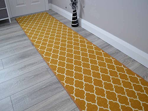 Riviera Ochre Gold Trellis Cut to Size Long Narrow Kitchen Utility Non Slip Hallway Runner Rugs