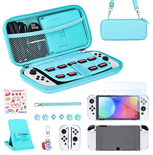 Younik Switch OLED Zubehör Bundle, 17 in 1 Switch OLED Zubehör Kit für Mädchen enthalten Switch Tragetasche, verstellbarer Ständer, Schutzhülle für Switch Konsole & J-Con (Blau)