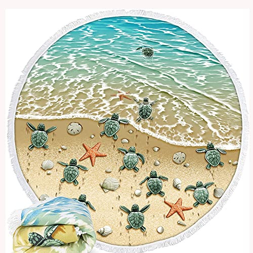 Queenshin Microfaser Rundes Stranddecke Schildkröten Wohndecke, Yogamatte Tischdecke Schal Strandtuch Duschtuch Badetuch Strand Freizeit Picknick Überwurf, 150 x 150 cm