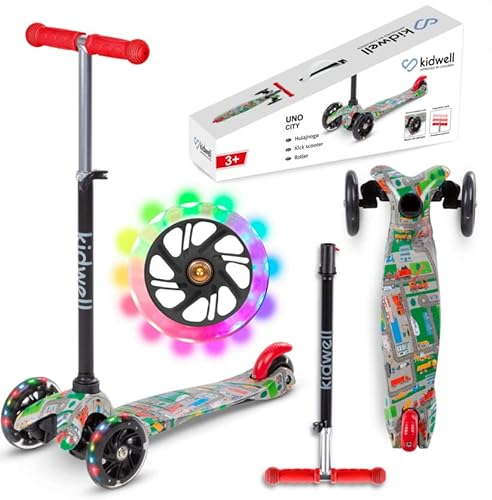 COIL Kinderroller Tretroller Dreirad-Balance-Roller Kidwell, Roller Kinder 6 Jahre UNO für Kinder ab 3 Jahren, Scooter Kinder Dreirädriger Tretroller mit LED leuchtenden Rädern Kinderscooter (Grau)